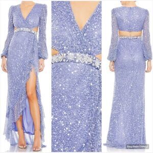 Mac Duggal 5745 Womens Sequined Faux Wrap Cut Out Puff Sleeve Gown Dress